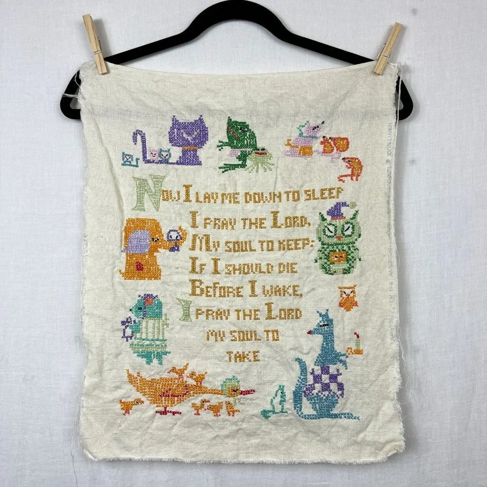 Vintage Needlepoint Now I Lay Me Down To Sleep Prayer Handmade Nursery Cottage‎